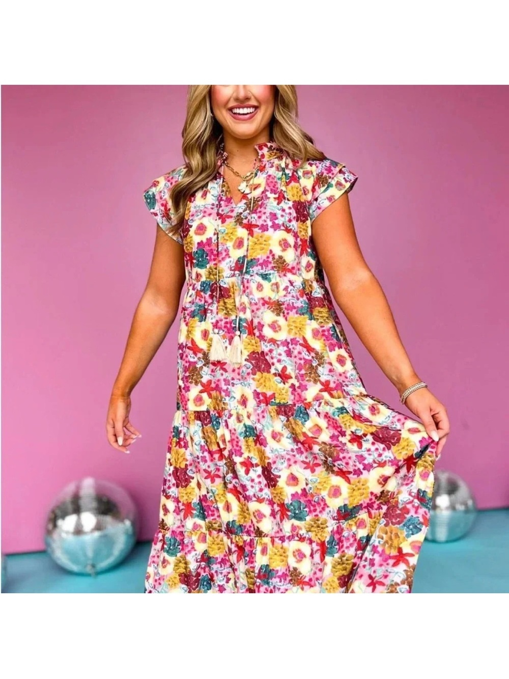 THML Pink Multi Floral Tiered Midi Dress - XS
